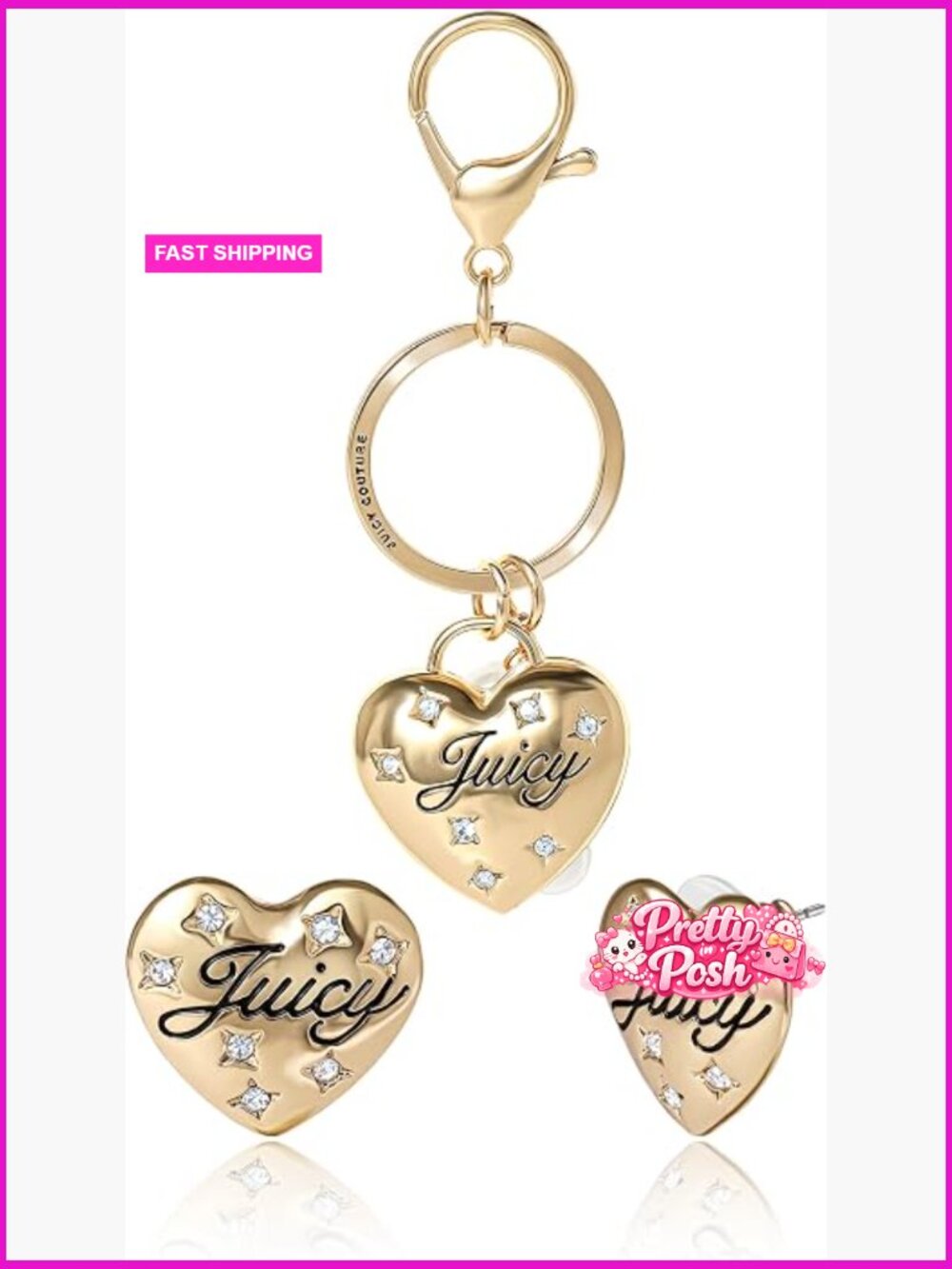 Logo Keychain and Stud Earrings Set with Rhinestone Stars - Picture 1 of 5